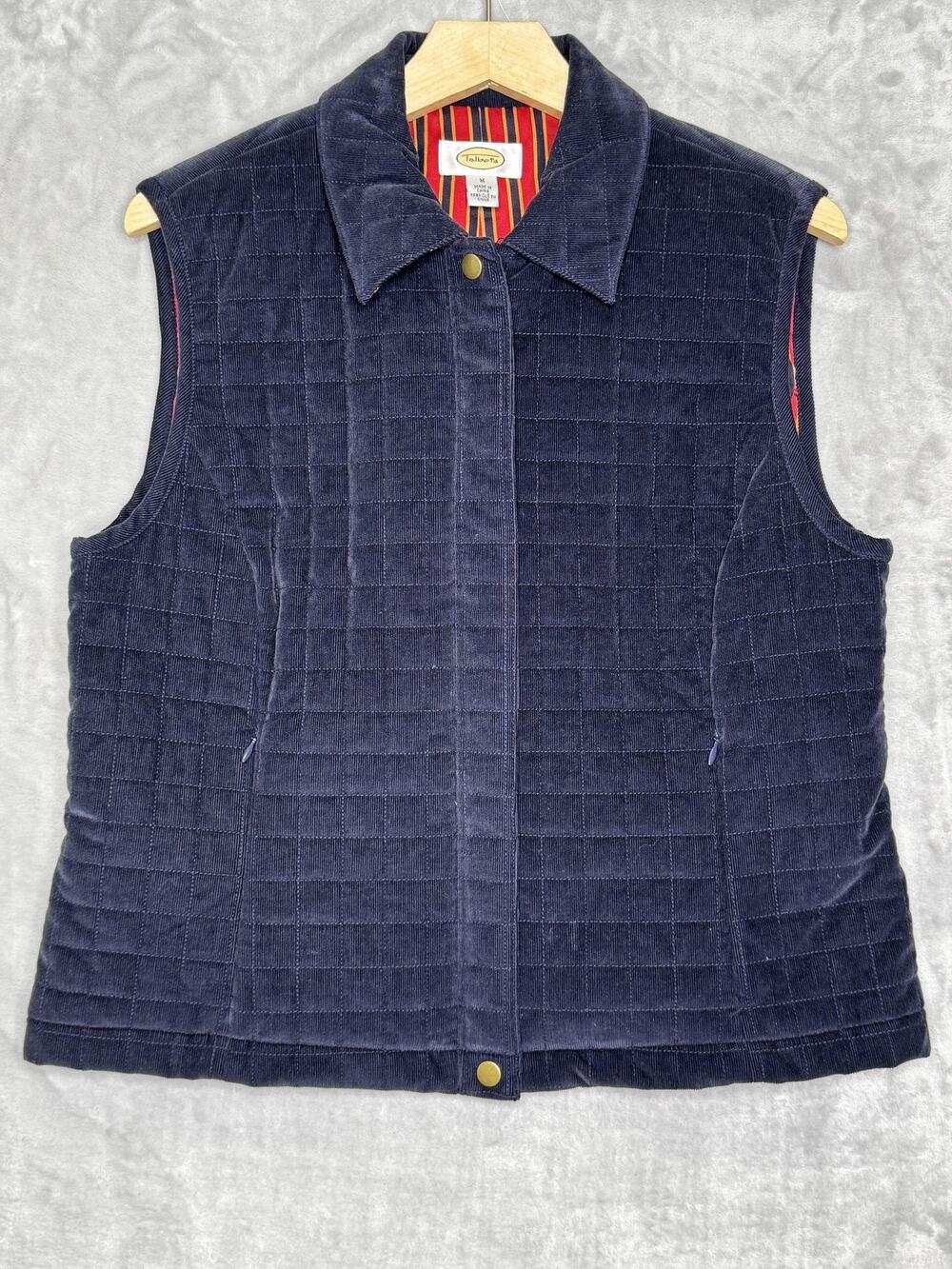 Talbots Vest Womens Medium Blue Quilted Corduroy Full Zip Lined Pockets Collared